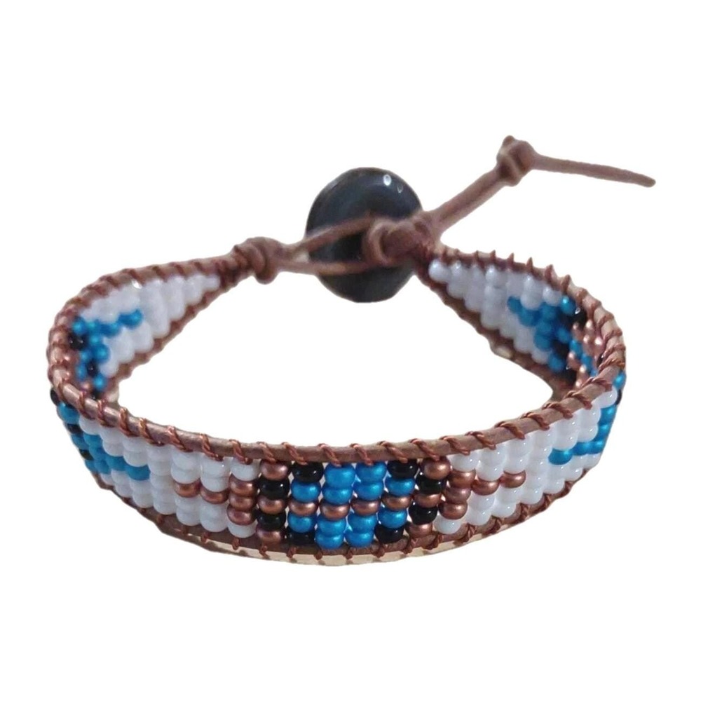Boho Geometric Seed Bead Bracelet Blue Black White Bronze
